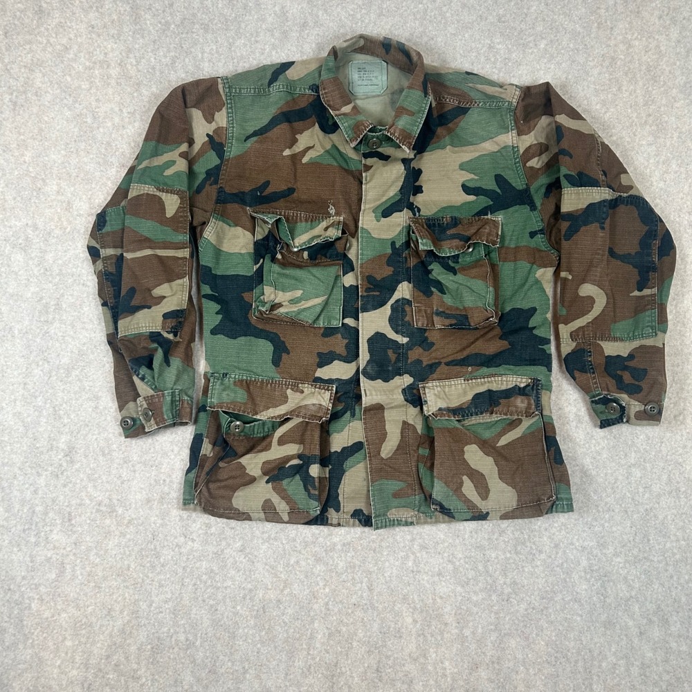 Military Field Jacket‎ Mens Small Short Green Woodland Camo Ripstop BDU Coat